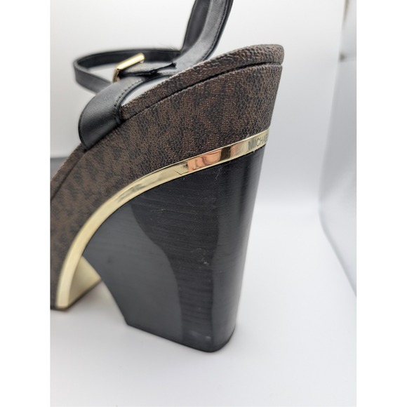 Michael Kors Womens Black Leather MK Signature Platform Wedge Sandals Size 8.5 - Picture 8 of 11